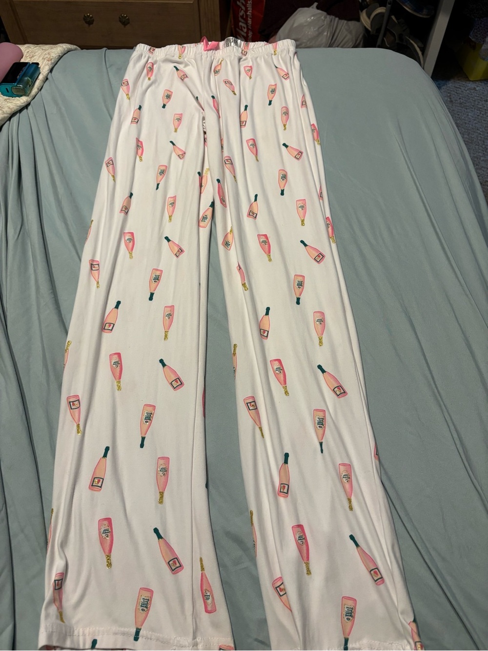 Roll Outta Bed White Pajama Pants with Pink Champagne Bottle Print Small